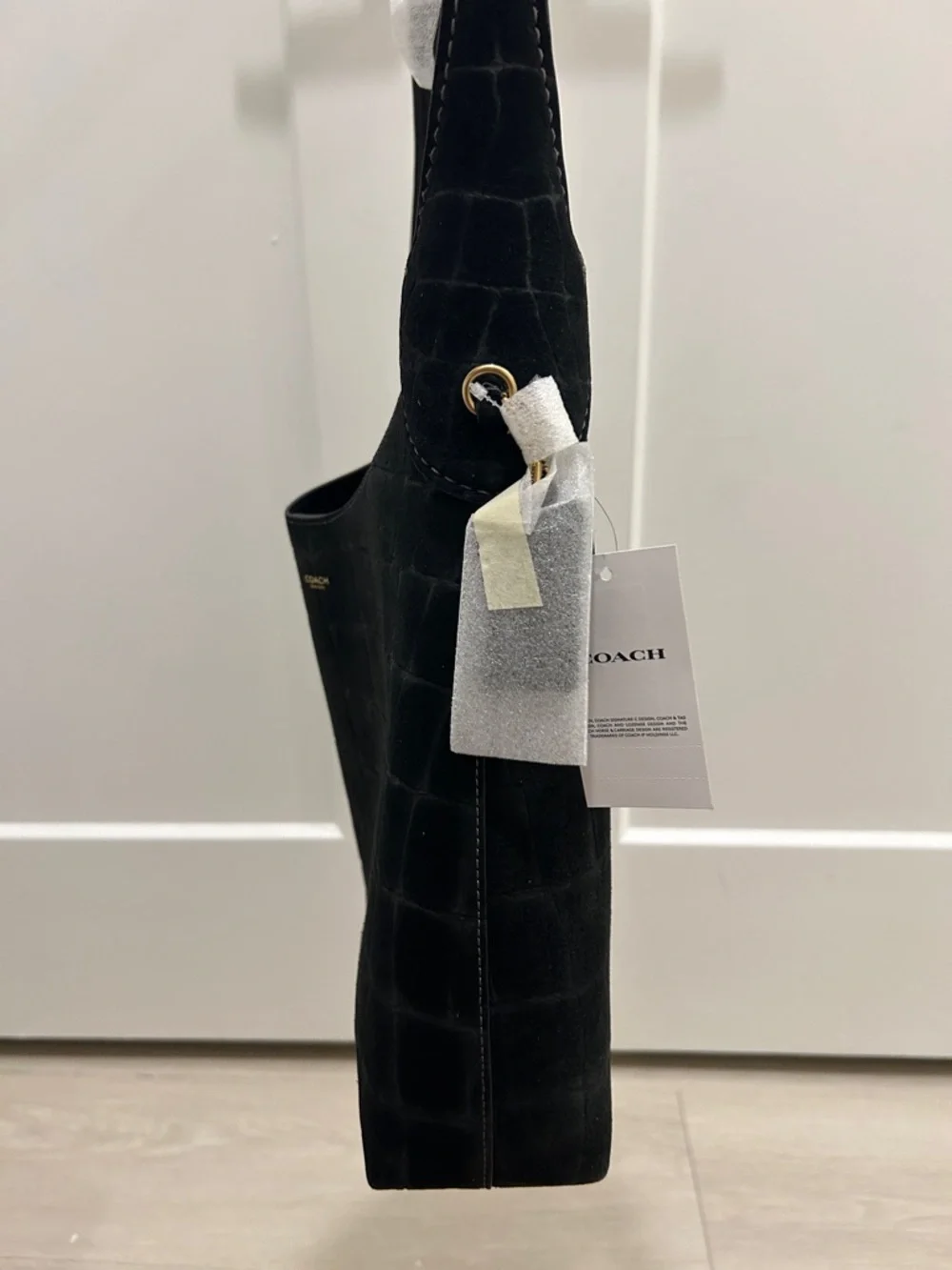 Coach (NWT) Brooklyn Shoulder Bag 28 in Black Suede Croc-Embossed - Picture 7 of 15